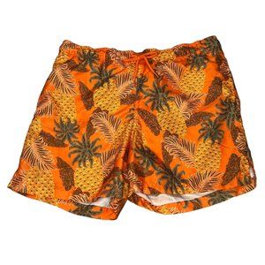 George Swimwear Mens Medium 32-34 Orange Mesh Lined Pineapple Trunks Shorts